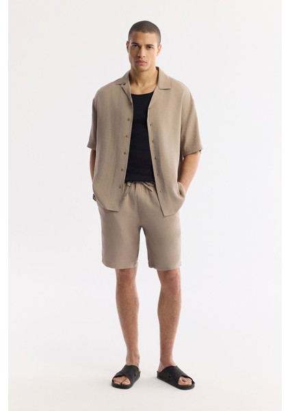 Erkek Bej Oversize Fit Apaj Yaka Modal Karışımlı Kısa Kol Gömlek A51y2006