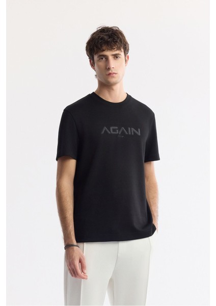 Erkek Siyah Regular Fit Bisiklet Yaka Hologram Baskılı Interlok T-shirt A51y1132