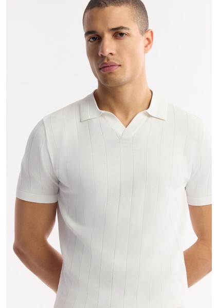 Erkek Ekru Regular Fit Düğmesiz Polo Yaka Boyuna Ajur Desenli Rayon Triko T-shirt A51Y5015