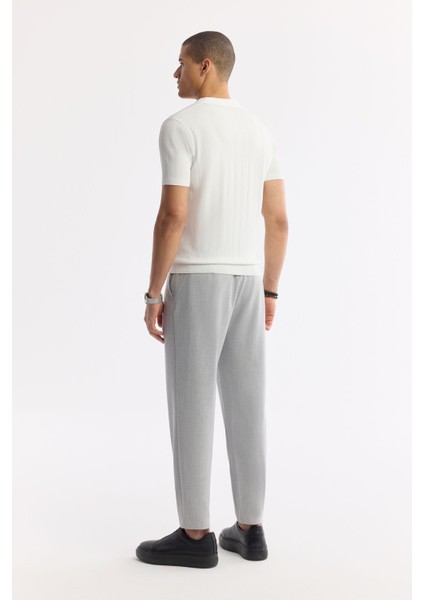 Erkek Ekru Regular Fit Düğmesiz Polo Yaka Boyuna Ajur Desenli Rayon Triko T-shirt A51Y5015