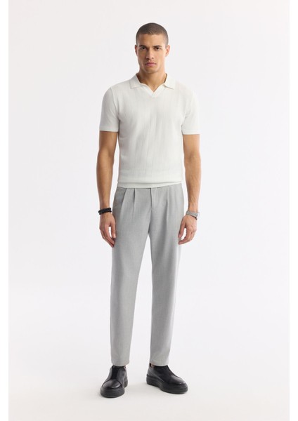 Erkek Ekru Regular Fit Düğmesiz Polo Yaka Boyuna Ajur Desenli Rayon Triko T-shirt A51Y5015