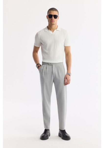 Erkek Ekru Regular Fit Düğmesiz Polo Yaka Boyuna Ajur Desenli Rayon Triko T-shirt A51Y5015