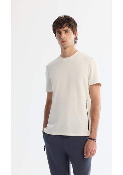Erkek Ekru Bisiklet Yaka Baskılı Elastan T-Shirt A42Y1017