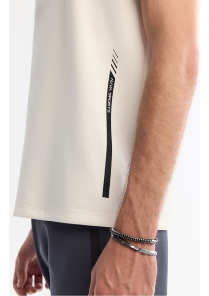 Erkek Ekru Bisiklet Yaka Baskılı Elastan T-Shirt A42Y1017