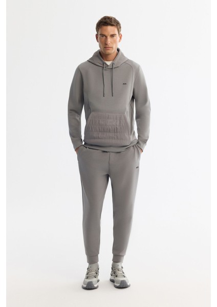 Erkek Gri Kapüşonlu Baskılı Elastan Sweatshirt A42y1262
