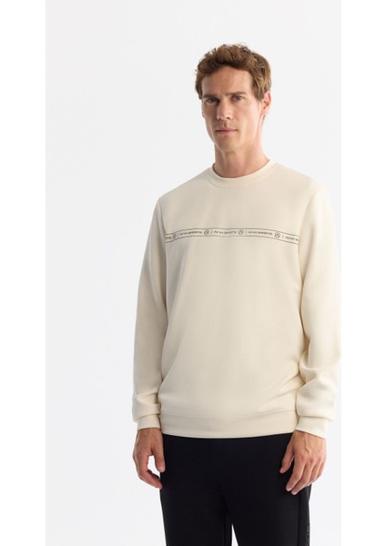Erkek Ekru Bisiklet Yaka Baskılı Soft Touch Sweatshirt A42y1307