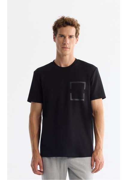 Erkek Siyah Bisiklet Yaka Baskılı Elastan T-shirt A42y1020