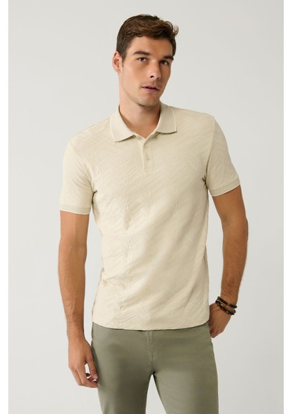 Erkek Bej %100 Pamuk 3 Düğmeli Jakarlı Polo Yaka T-shirt A41y1147