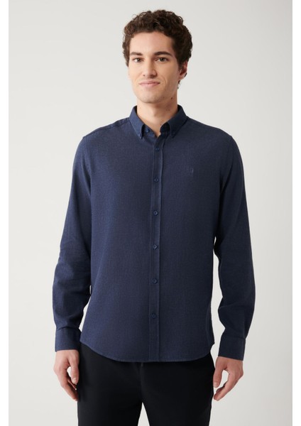 Erkek Lacivert Regular Fit Düğmeli Yaka %100 Pamuk Gömlek B002033