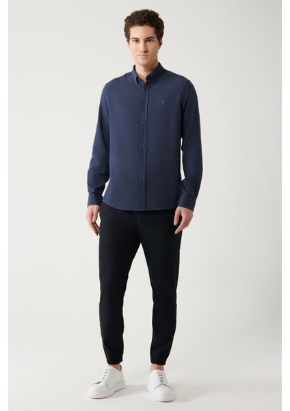 Erkek Lacivert Regular Fit Düğmeli Yaka %100 Pamuk Gömlek B002033