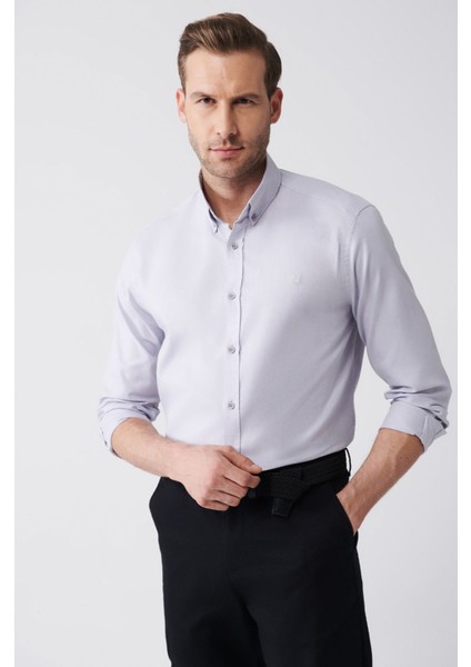 Erkek Açık Gri Regular Fit Oxford %100 Pamuk Düğmeli Yaka Gömlek B002003