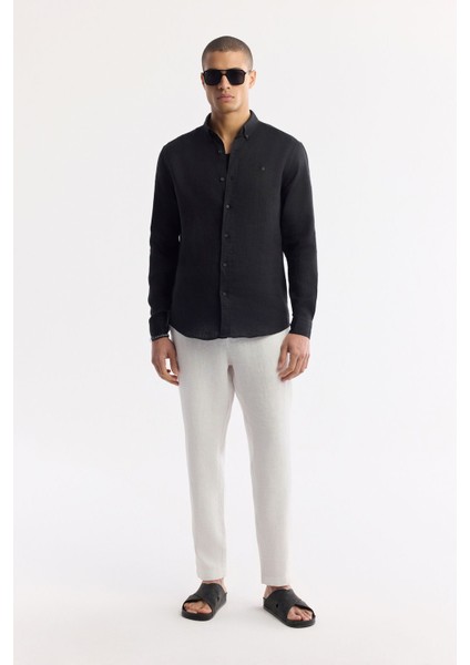 Erkek Beyaz Relaxed Fit Beli Lastikli %100 Keten Pantolon B003032