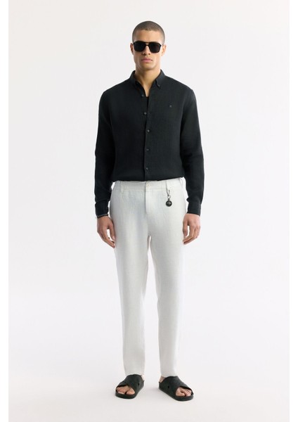 Erkek Beyaz Relaxed Fit Beli Lastikli %100 Keten Pantolon B003032