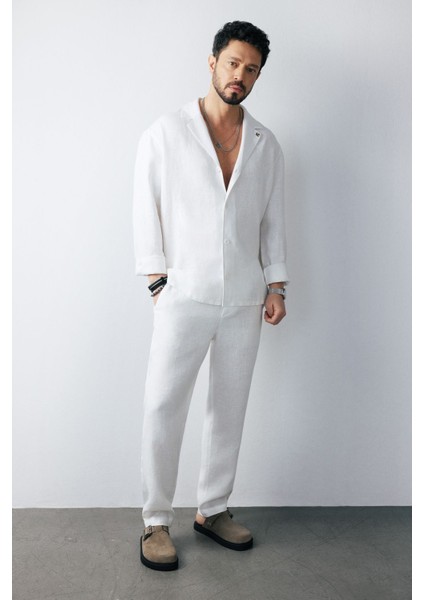 Erkek Beyaz Relaxed Fit Beli Lastikli %100 Keten Pantolon B003032