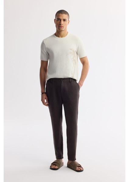 Erkek Kahve Relaxed Fit Beli Lastikli %100 Keten Pantolon B003032