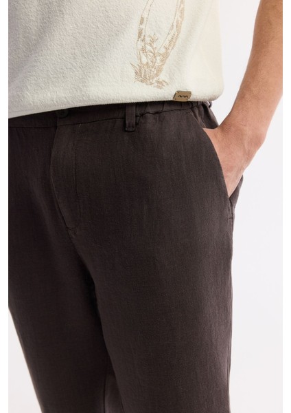 Erkek Kahve Relaxed Fit Beli Lastikli %100 Keten Pantolon B003032 fırsatları