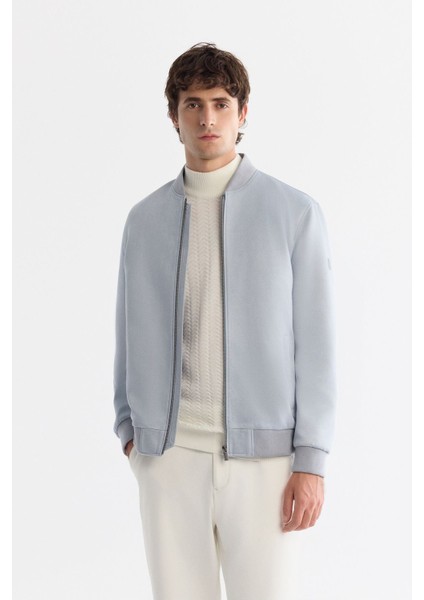 Erkek Mavi Comfort Fit Fermuarlı Süet Görünümlü Bomber İnce Mont B006045