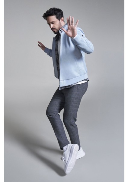 Erkek Mavi Comfort Fit Fermuarlı Süet Görünümlü Bomber İnce Mont B006045
