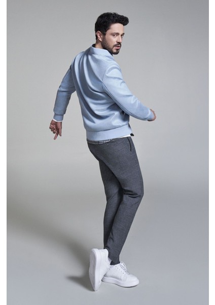 Erkek Mavi Comfort Fit Fermuarlı Süet Görünümlü Bomber İnce Mont B006045