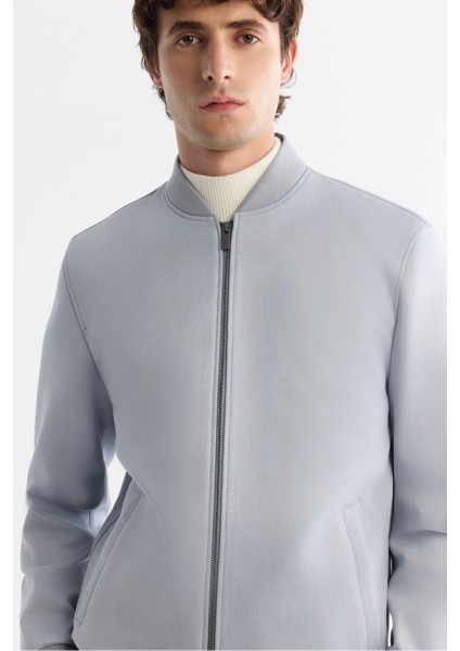 Erkek Mavi Comfort Fit Fermuarlı Süet Görünümlü Bomber İnce Mont B006045
