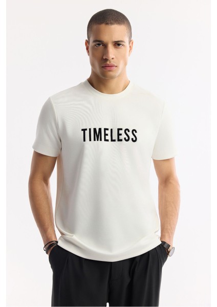 Erkek Ekru Bisiklet Yaka Baskılı Bi Stretch Interlok T-shirt A51y1166