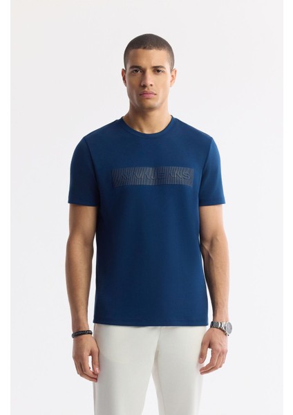 Erkek Petrol Mavi Regular Fit Bisiklet Yaka Enjeksiyon Baskılı Interlok T-shirt A51y1021