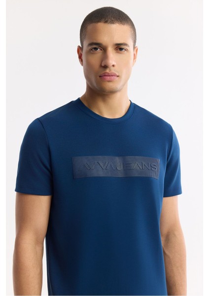Erkek Petrol Mavi Regular Fit Bisiklet Yaka Enjeksiyon Baskılı Interlok T-shirt A51y1021 modelleri