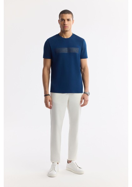 Erkek Petrol Mavi Regular Fit Bisiklet Yaka Enjeksiyon Baskılı Interlok T-shirt A51y1021