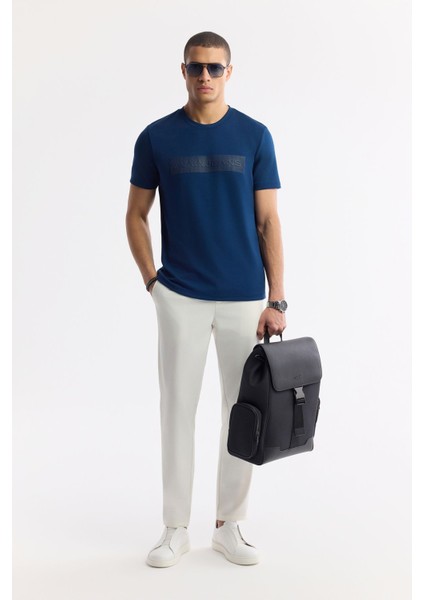 Erkek Petrol Mavi Regular Fit Bisiklet Yaka Enjeksiyon Baskılı Interlok T-shirt A51y1021