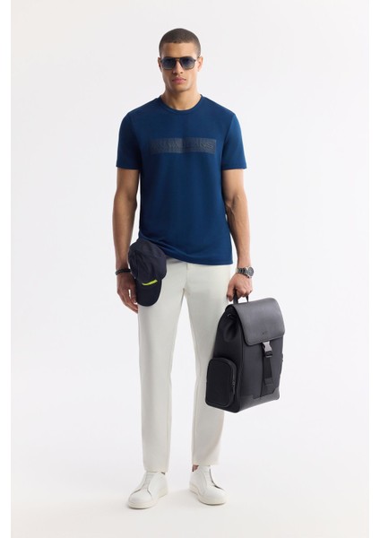 Erkek Petrol Mavi Regular Fit Bisiklet Yaka Enjeksiyon Baskılı Interlok T-shirt A51y1021