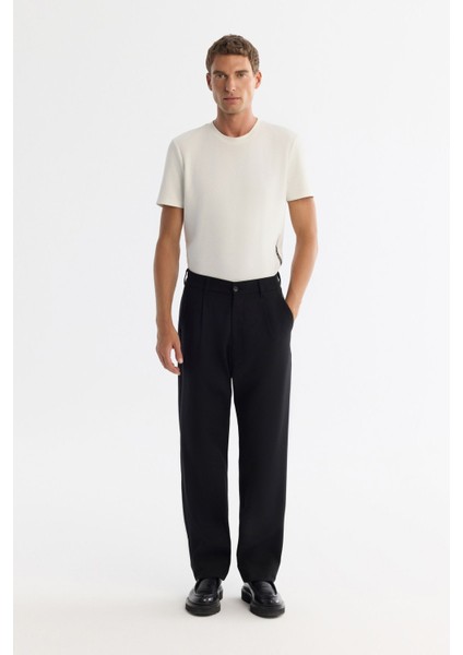 Erkek Siyah Baggy Fit Klasik Bel Pliseli Elastan Pantolon A42Y3064