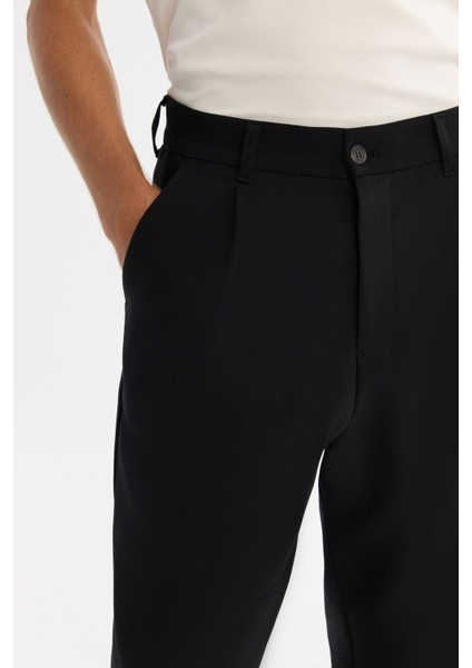 Erkek Siyah Baggy Fit Klasik Bel Pliseli Elastan Pantolon A42Y3064