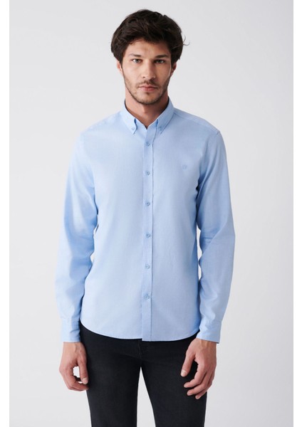 Erkek Açık Mavi Regular Fit Oxford %100 Pamuk Düğmeli Yaka Gömlek B002003