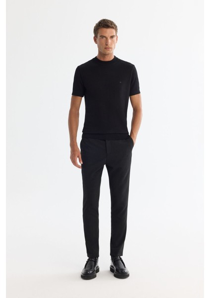 Erkek Siyah Regular Fit Yarım Balıkçı Yaka Kısa Kollu Triko T-Shirt B005025