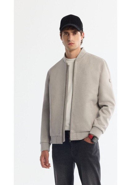 Erkek Açık Gri Comfort Fit Fermuarlı Süet Görünümlü Bomber İnce Mont B006045