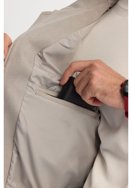 Erkek Açık Gri Comfort Fit Fermuarlı Süet Görünümlü Bomber İnce Mont B006045
