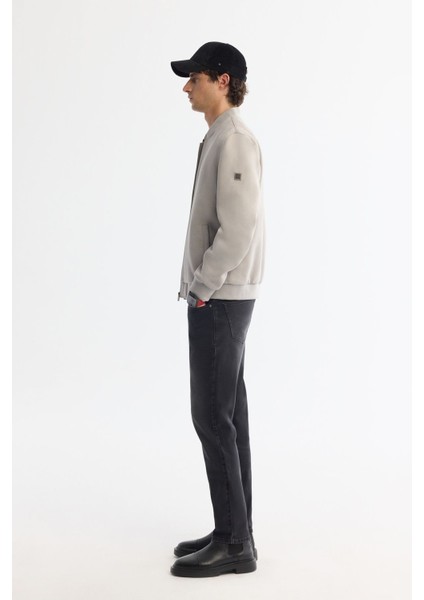 Erkek Açık Gri Comfort Fit Fermuarlı Süet Görünümlü Bomber İnce Mont B006045