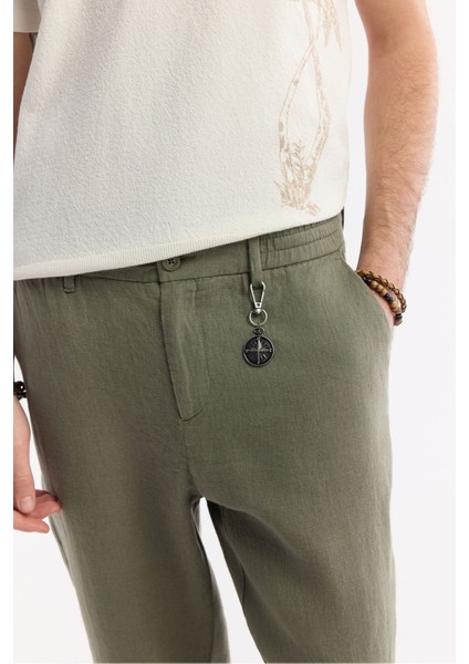 Erkek Haki Relaxed Fit Beli Lastikli %100 Keten Pantolon B003032 fırsatları