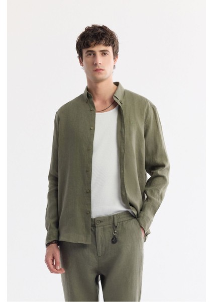 Erkek Haki Relaxed Fit Beli Lastikli %100 Keten Pantolon B003032