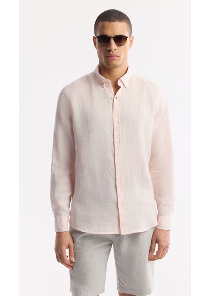 Erkek Pembe Comfort Fit %100 Keten Düğmeli Yaka Gömlek B002191 indirimleri