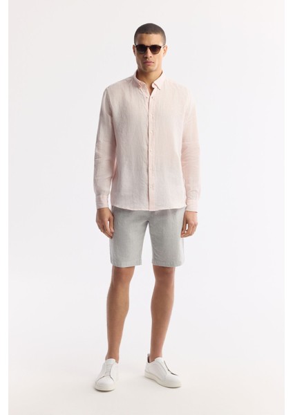 Erkek Pembe Comfort Fit %100 Keten Düğmeli Yaka Gömlek B002191