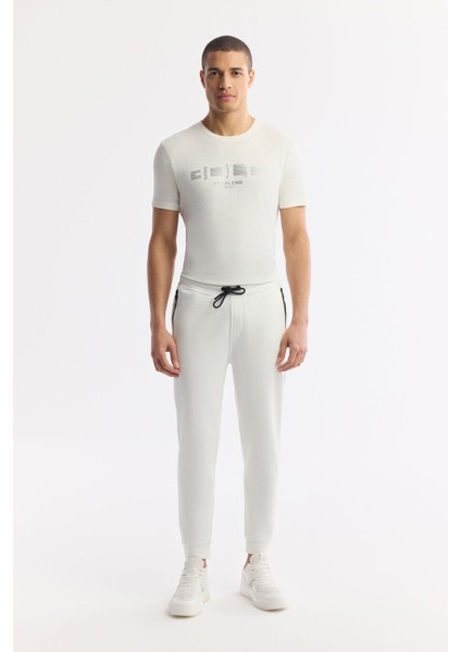 Erkek Beyaz Beli Lastikli Bağcıklı Yandan Fermuarlı Cepli İnterlok Jogger B003400