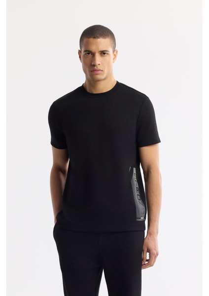 Erkek Siyah Bisiklet Yaka Enjeksiyon Baskılı İnterlok T-Shirt A51Y1136