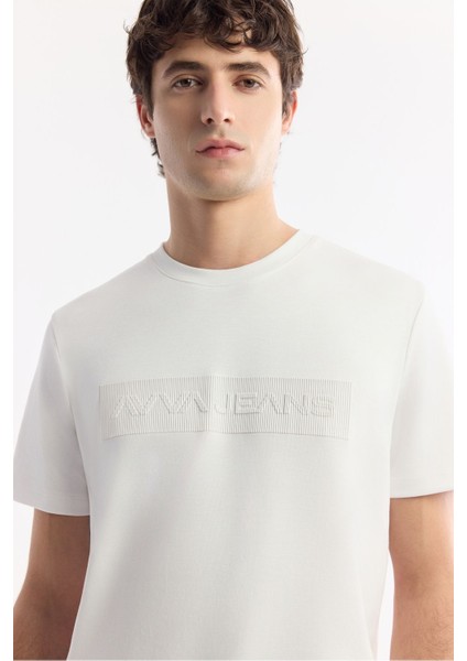 Erkek Beyaz Regular Fit Bisiklet Yaka Enjeksiyon Baskılı Interlok T-shirt A51y1021 fiyatları