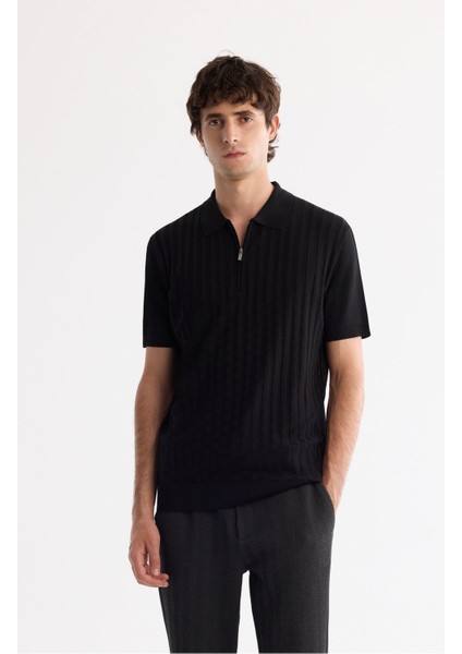 Erkek Siyah Polo Yaka Fermuarlı Rayon Triko T-shirt A42y5128