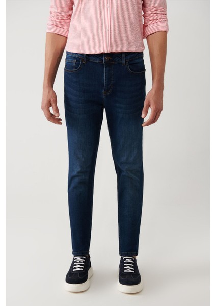 Erkek Koyu Mavi Skinny FitEskitme Yıkamalı Esnek Jean Pantolon B003510