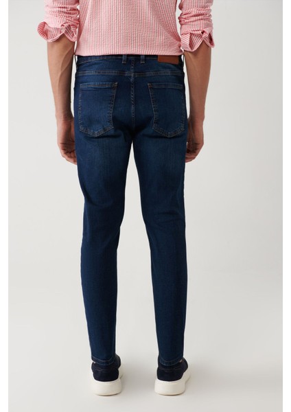 Erkek Koyu Mavi Skinny FitEskitme Yıkamalı Esnek Jean Pantolon B003510