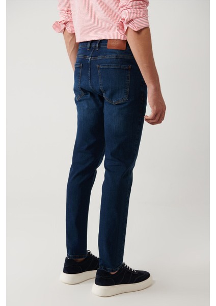 Erkek Koyu Mavi Skinny FitEskitme Yıkamalı Esnek Jean Pantolon B003510
