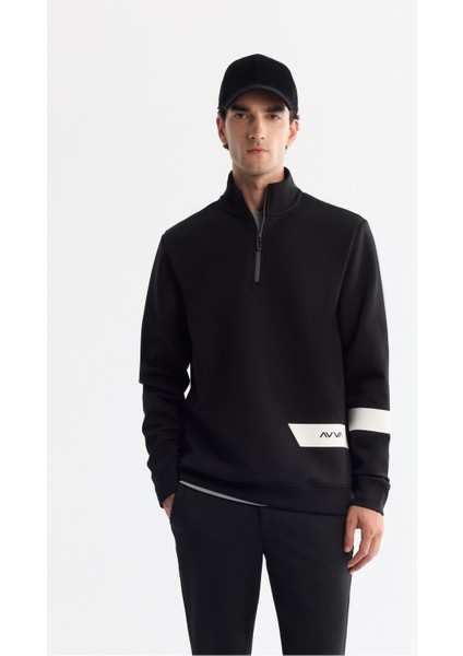 Erkek Siyah Dik Yaka Pamuklu Baskılı Elastan Sweatshirt A42Y1202