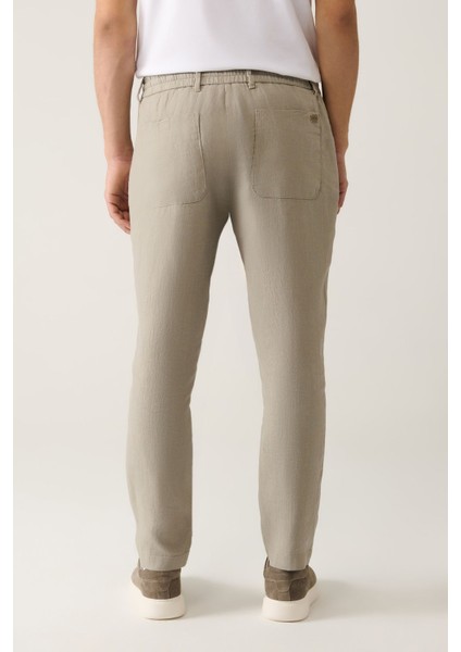 Erkek Gri Relaxed Fit Beli Lastikli %100 Keten Pantolon B003032
